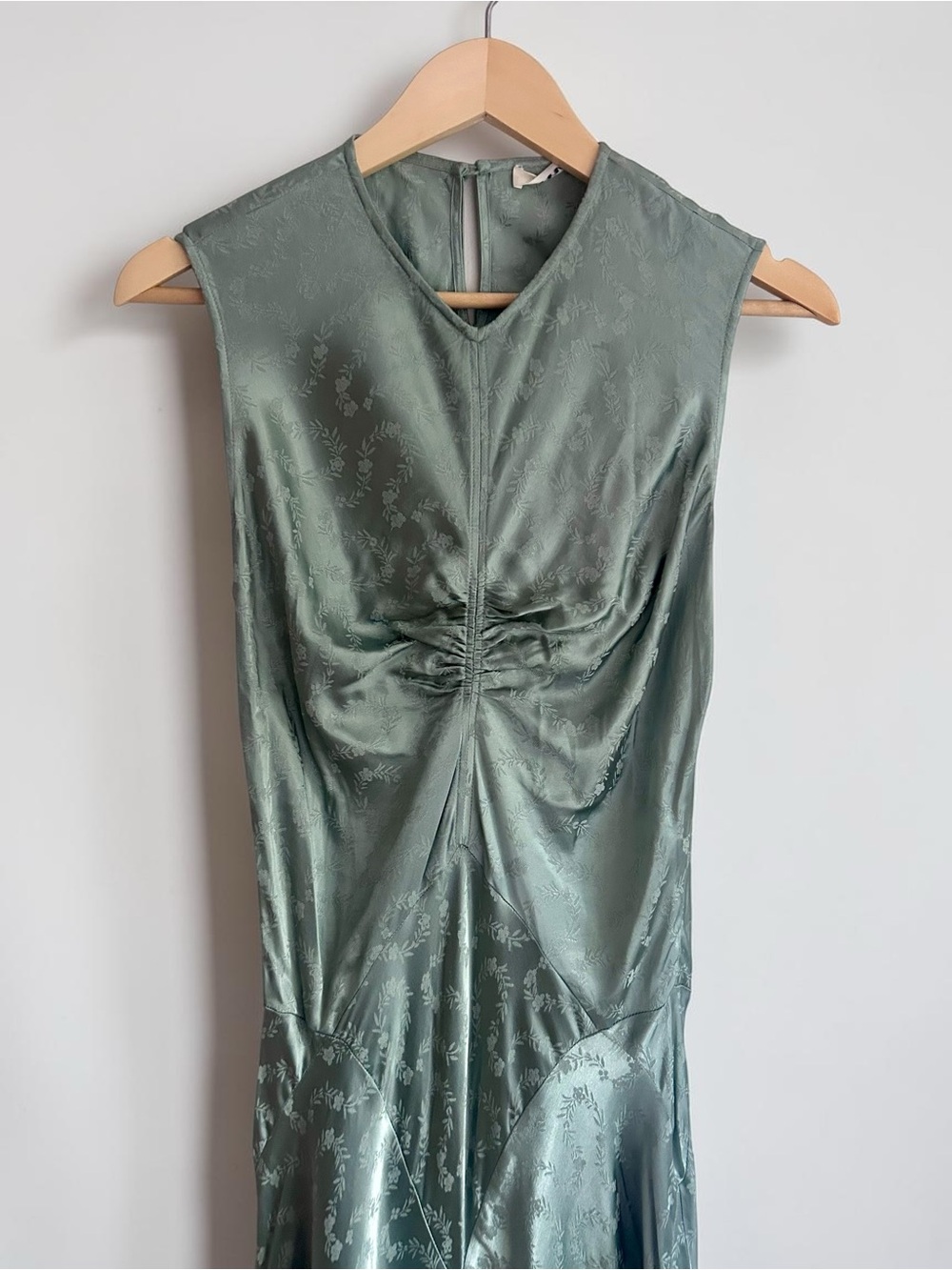 DOEN Ginette Paneled Floral Jacquard Satin Midi Dress Sz Medium Dusty Jade Green - Picture 9 of 13